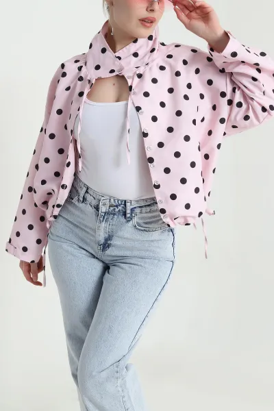 Pembe Puantiyeli Cepli Poplin Kadın İnce Ceket 456991