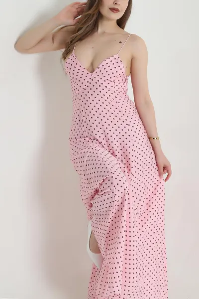 Pembe Puantiyeli İp Askılı Dokuma Kadın Elbise 463500