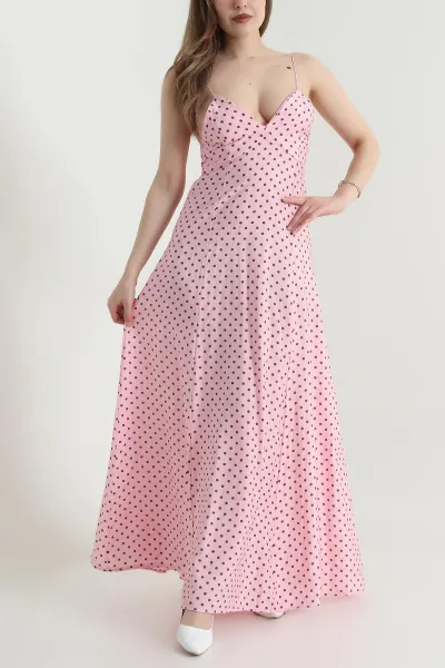 Pembe Puantiyeli İp Askılı Dokuma Kadın Elbise 463500