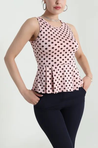 Pembe Puantiyeli Likralı Kadın Bluz 477891