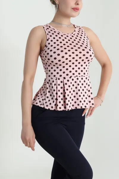 Pembe Puantiyeli Likralı Kadın Bluz 477891