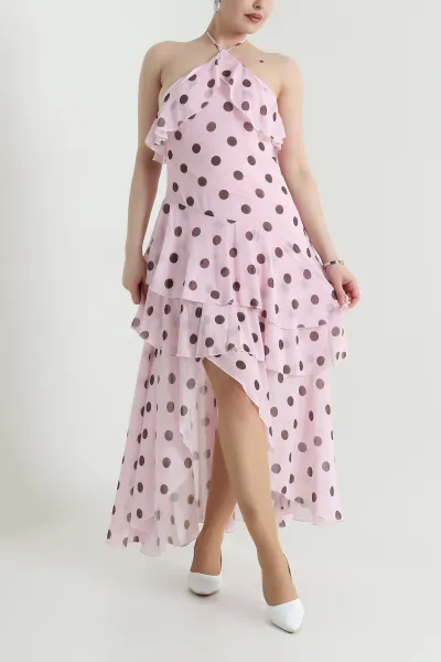 Pembe Puantiyeli Şifon Kadın Elbise 459762