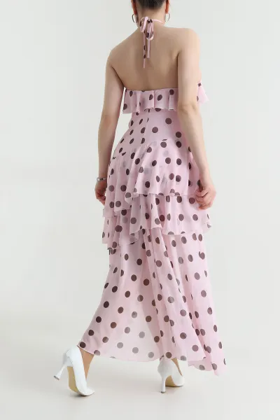 Pembe Puantiyeli Şifon Kadın Elbise 459762