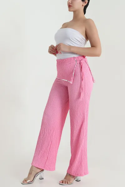 Pembe Pul Nakışlı Gofre Kadın Pantolon 472991
