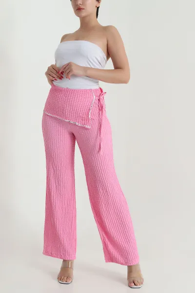 Pembe Pul Nakışlı Gofre Kadın Pantolon 472991