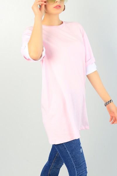 Pembe Rahat Kalıp Garnili Bayan Tişört 71736