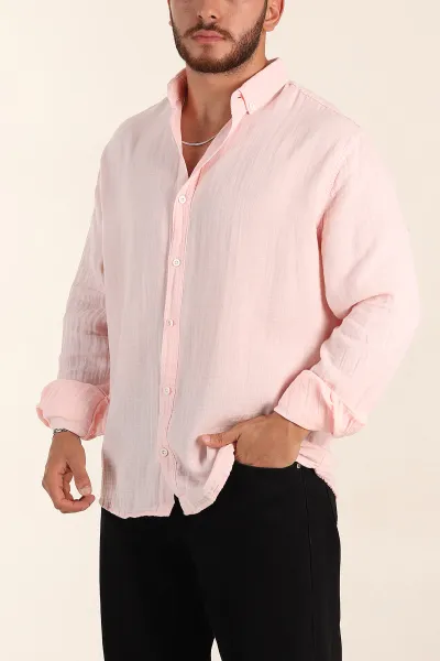 Pembe Relaxed Fit Müslin Keten Ata Yaka Erkek Gömlek 386195