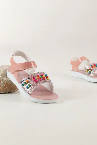 Pembe Rugan ( 31 - 35 ) Taşlı Boncuk Detaylı Kız Çocuk Sandalet 445064