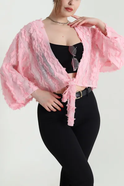 Pembe Saçaklı Kimono Kadın Bluz 467012