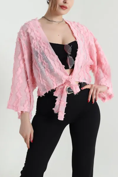 Pembe Saçaklı Kimono Kadın Bluz 467012