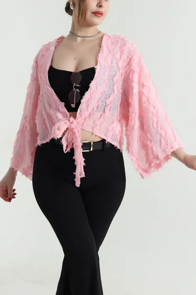 Pembe Saçaklı Kimono Kadın Bluz 467012