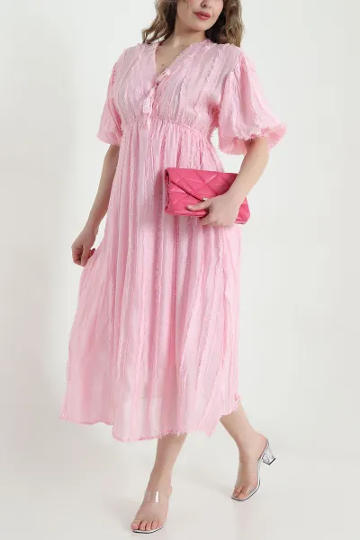 Pembe Sakallı V Yaka Tencel Kadın Elbise 451271