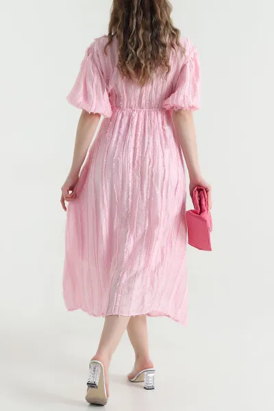 Pembe Sakallı V Yaka Tencel Kadın Elbise 451271