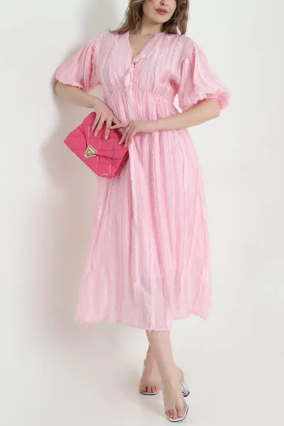 Pembe Sakallı V Yaka Tencel Kadın Elbise 451271