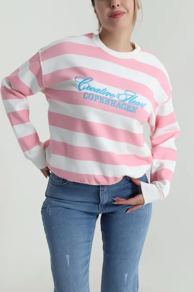 Pembe Şardolu Üç İp Kadın Fermuarsız Sweat 486674