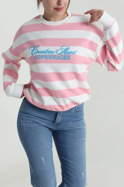 Pembe Şardolu Üç İp Kadın Fermuarsız Sweat 486674