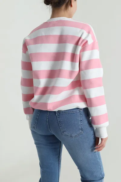 Pembe Şardolu Üç İp Kadın Fermuarsız Sweat 486674