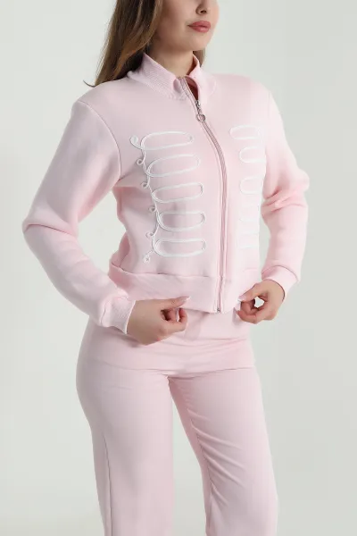 Pembe Şardonlu Fermuarlı Üç İp Kadın Sweat 487729