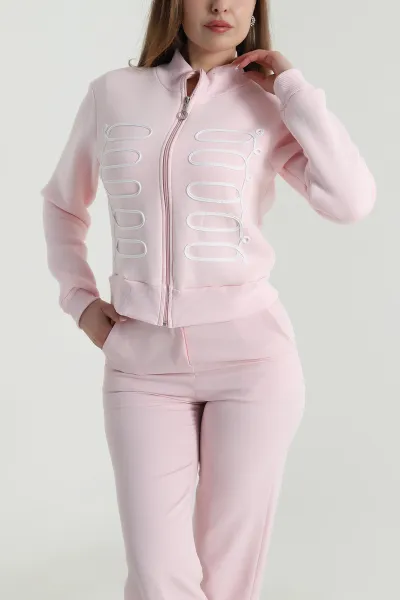 Pembe Şardonlu Fermuarlı Üç İp Kadın Sweat 487729