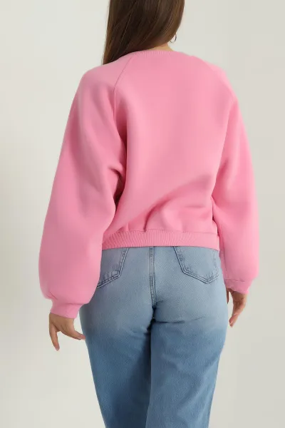 Pembe Şardonlu Kadın Fermuarsız Sweat 392392