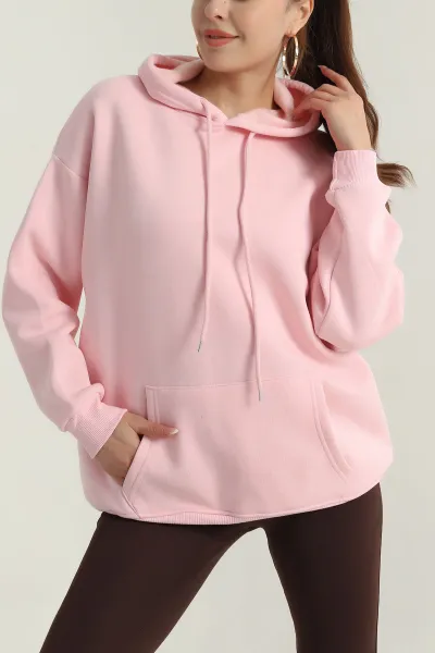 Pembe Şardonlu Kadın Fermuarsız Sweat 400553