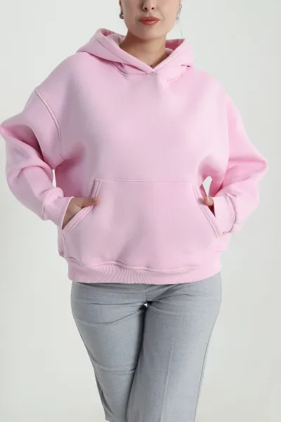 Pembe Şardonlu Kapşonlu Oversize Üç İp Kadın Sweat 493829