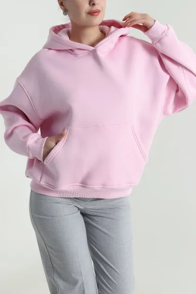 Pembe Şardonlu Kapşonlu Oversize Üç İp Kadın Sweat 493829