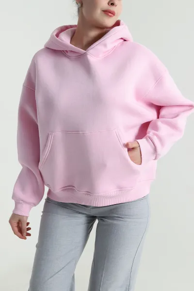 Pembe Şardonlu Kapşonlu Oversize Üç İp Kadın Sweat 493829