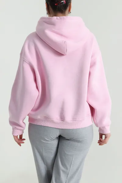 Pembe Şardonlu Kapşonlu Oversize Üç İp Kadın Sweat 493829