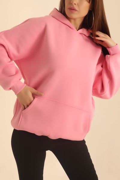 Pembe Şardonlu Kapüşonlu Bayan Sweat 217612