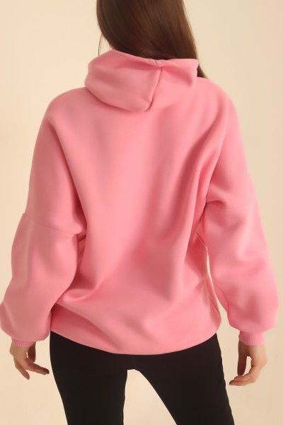 Pembe Şardonlu Kapüşonlu Bayan Sweat 217612
