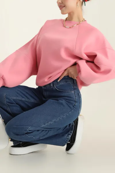 Pembe Şardonlu Reglan Kol Bayan Sweat 300674