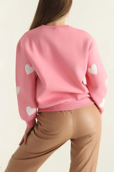 Pembe Şardonlu Süzene Nakışlı Bayan Sweat 300647
