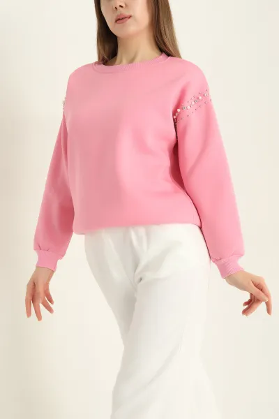 Pembe Şardonlu Taşlı İki İp Bayan Sweat 321535