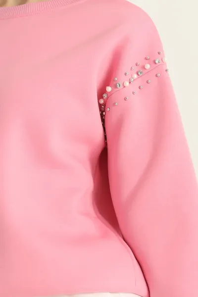 Pembe Şardonlu Taşlı İki İp Bayan Sweat 321535