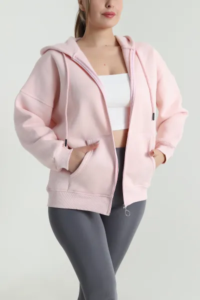 Pembe Şardonlu Üç İp Fermuarlı Kadın Sweat 484572