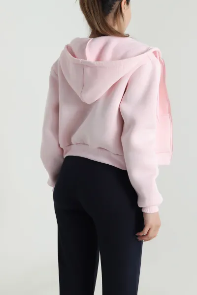 Pembe Şardonlu Üç İp Fermuarlı Kadın Sweat 485268