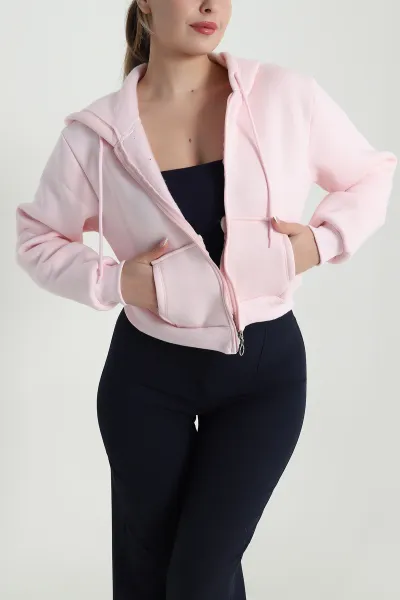 Pembe Şardonlu Üç İp Fermuarlı Kadın Sweat 485268