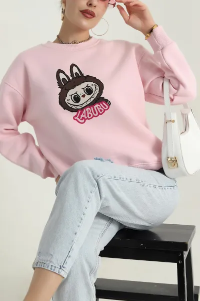 Pembe Şardonlu Üç İp Kadın Fermuarsız Sweat 389203