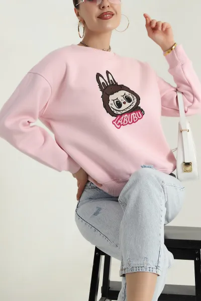 Pembe Şardonlu Üç İp Kadın Fermuarsız Sweat 389203