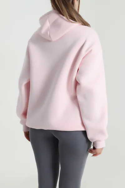 Pembe Şardonlu Üç İp Kadın Fermuarsız Sweat 485257