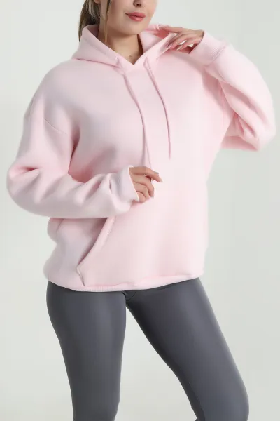 Pembe Şardonlu Üç İp Kadın Fermuarsız Sweat 485257