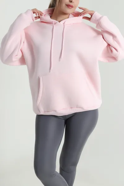 Pembe Şardonlu Üç İp Kadın Fermuarsız Sweat 485257