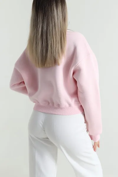 Pembe Şardonlu Üç İp Kadın Fermuarsız Sweat 489840