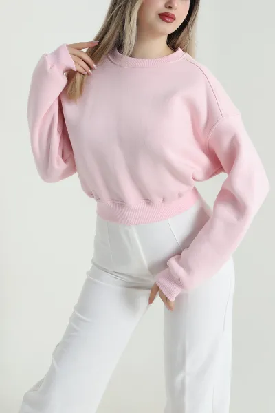 Pembe Şardonlu Üç İp Kadın Fermuarsız Sweat 489840
