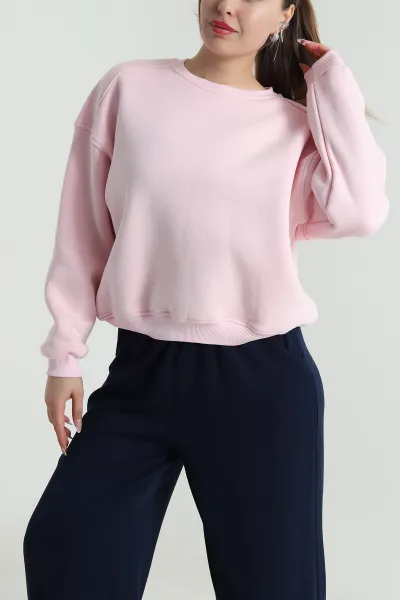 Pembe Şardonlu Üç İp Kadın Fermuarsız Sweat 489969
