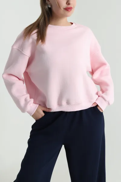 Pembe Şardonlu Üç İp Kadın Fermuarsız Sweat 489969