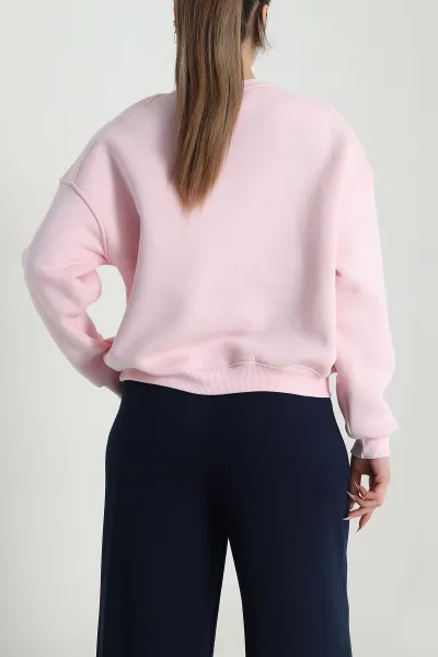 Pembe Şardonlu Üç İp Kadın Fermuarsız Sweat 489969