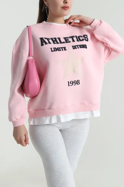 Pembe Şardonlu Üç İp Kadın Fermuarsız Sweat 490572