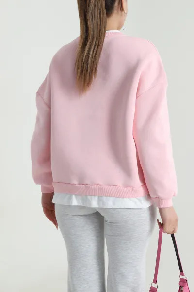 Pembe Şardonlu Üç İp Kadın Fermuarsız Sweat 490572